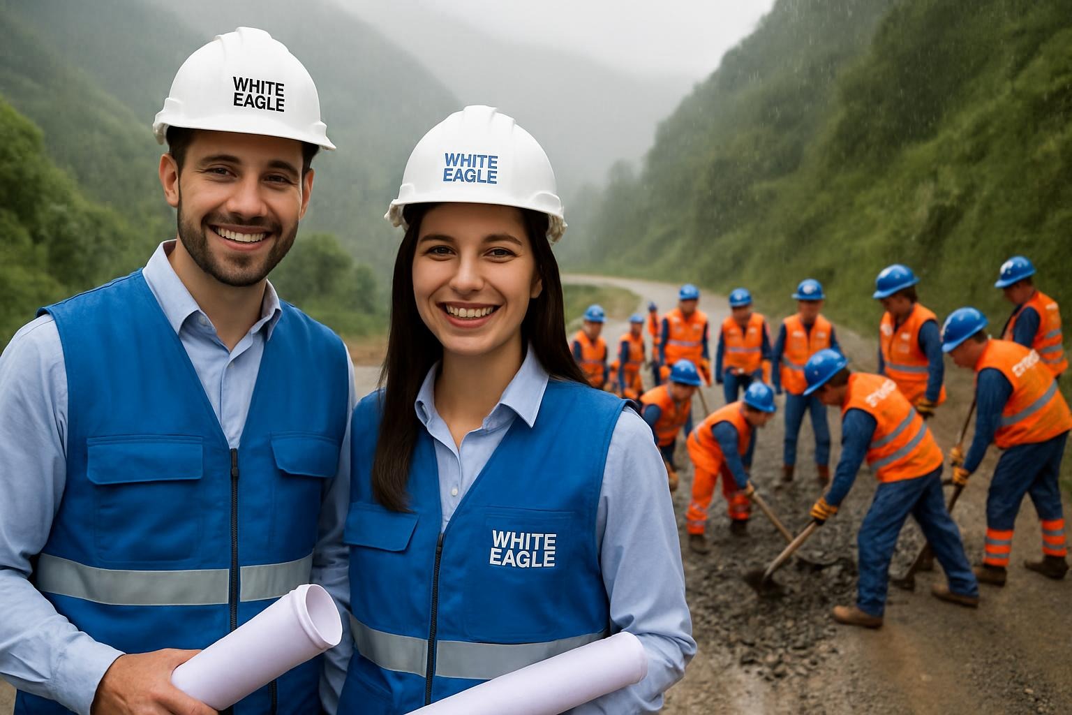 Ingenieros con cascos blancos y chalecos azules, sonriendo a la cámara, con sus planos en una de sus manos. 12 obreros trabajando en una vía de la sierra peruana, con chalecos naranjas y cascos azules. En cada casco y chaleco tiene que prevalecer el logotipo de la empresa WHITE EAGLE tal y cual como se muestra en la página web actual de la empresa wecorp.pe que está en la parte superior izquierda, sin modificar la escritura (que se encuentra en la parte superior izquierda de la web) tiene que verse NÍTIDAMENTE el nombre (WHITE EAGLE), los rostros de todos deben de ser claros, que no se vea difuminación en ningún rostro. Entre los ingenieros debe de haber una ingeniera mujer muy sonriente, ambos ingenieros deben de tener una sonrisa bonita y natural. El ambiente es de una vía en la sierra peruana con lluvia y mucha iluminación. Por ser una imagen en dónde hay lluvia, tiene que verse lo más realista posible, incluso los ingenieros deben de aparecer como si estuvieran mojados. Se tiene que cuidar el detalle de los rostros de los obreros